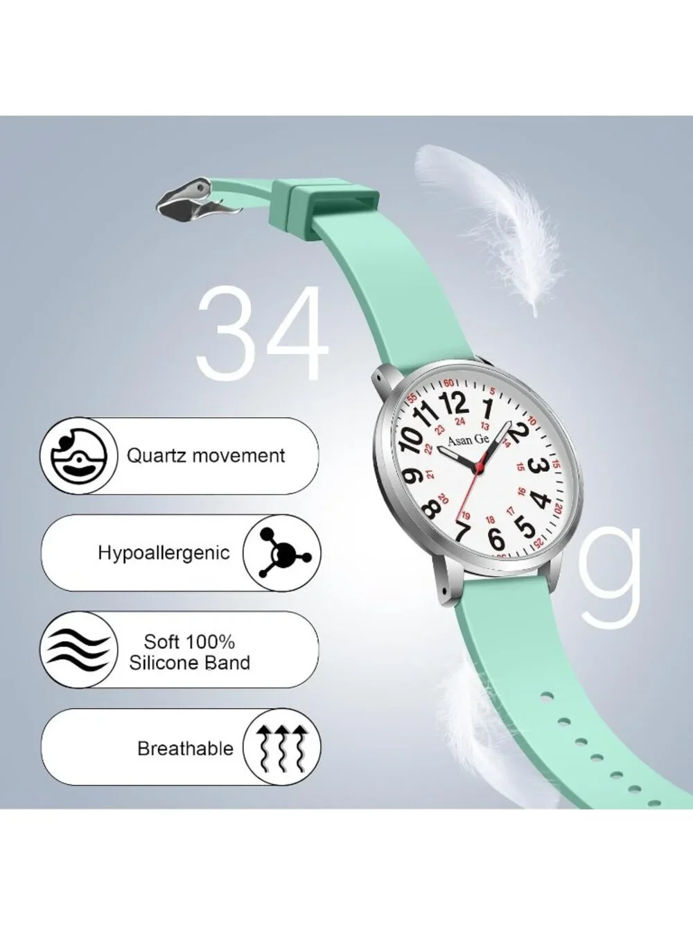 Women's Light Green Silicone Strap Minimalist Waterproof Analog Fashion Watch